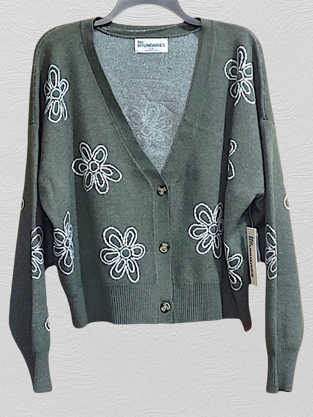 No Boundaries Olive Green Floral Embroidered V-Neck Cardigan